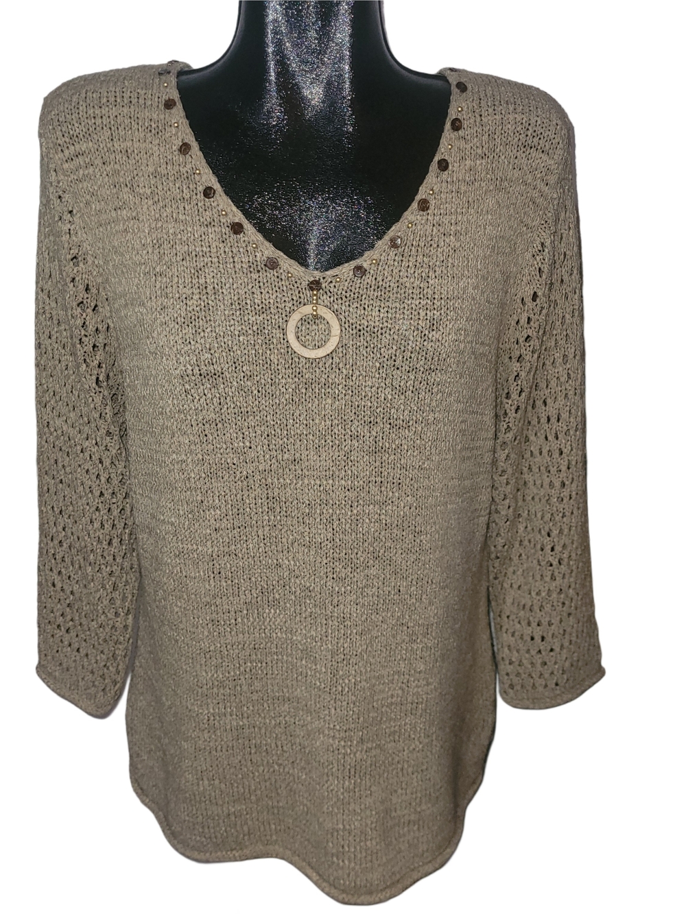 Beige Knit V-Neck Sweater with Crochet Style Long Sleeves Size XL